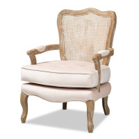 Baxton Studio TSF7764-Light Beige-CC Vallea Traditional French Provincial Light Beige Velvet Fabric Upholstered White-Washed Oak Wood Armchair